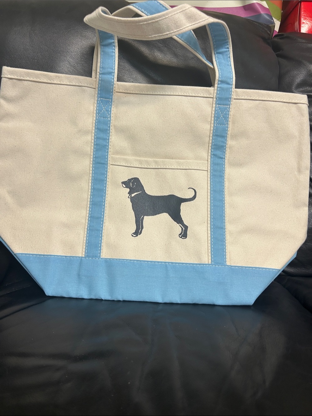 Black dog Tote Beach Bag with Light Blue Trim and Dog Silhouette brand new